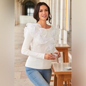 Boston Proper WhiteOrganza‎ Ruffle Sweater Sz. M